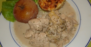 sauté de pintadeau au cidre, pomme gratinée